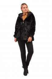 Fierte Kadın Büyük Beden Kaban Lm56060 Sabit Kapüşon Fermuar Kapama Spor Cep Astar Peluş Kürk Siyah Taba - 1