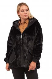 Fierte Kadın Büyük Beden Kaban Lm56060 Sabit Kapüşon Fermuar Kapama Spor Cep Astar Peluş Kürk Siyah Taba - 2