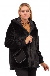 Fierte Kadın Büyük Beden Kaban Lm56060 Sabit Kapüşon Fermuar Kapama Spor Cep Astar Peluş Kürk Siyah Taba - 3