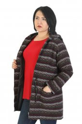 Fierte Kadın Büyük Beden Kaban Lm86041 Sabit Kapüşon Fermuar Kapama Desenli Astar Cep Bel Bağlama Yün Karışım Lacivert Camel - 1