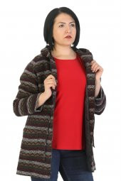 Fierte Kadın Büyük Beden Kaban Lm86041 Sabit Kapüşon Fermuar Kapama Desenli Astar Cep Bel Bağlama Yün Karışım Lacivert Camel - 2