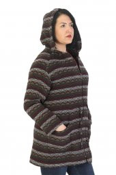 Fierte Kadın Büyük Beden Kaban Lm86041 Sabit Kapüşon Fermuar Kapama Desenli Astar Cep Bel Bağlama Yün Karışım Lacivert Camel - 3