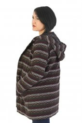 Fierte Kadın Büyük Beden Kaban Lm86041 Sabit Kapüşon Fermuar Kapama Desenli Astar Cep Bel Bağlama Yün Karışım Lacivert Camel - 4