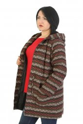 Fierte Kadın Büyük Beden Kaban Lm86041 Sabit Kapüşon Fermuar Kapama Desenli Astar Cep Bel Bağlama Yün Karışım Lacivert Camel - 5