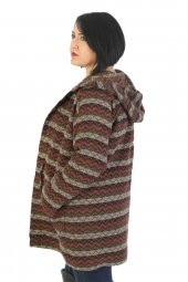 Fierte Kadın Büyük Beden Kaban Lm86041 Sabit Kapüşon Fermuar Kapama Desenli Astar Cep Bel Bağlama Yün Karışım Lacivert Camel - 8