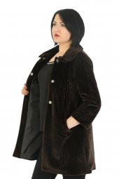 Fierte Kadın Büyük Beden Kaban Trbn3002 Bebe Yaka Düğme Kapama Astar Cep Astragan Suni Kürk Kısa Manto Kahverengi - 3