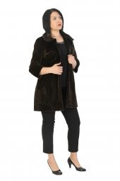 Fierte Kadın Büyük Beden Kaban Trbn3002 Bebe Yaka Düğme Kapama Astar Cep Astragan Suni Kürk Kısa Manto Kahverengi - 4