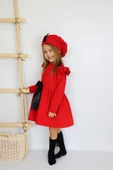 Kız Çocuk Kırmızı Sofia Pamuklu Fiyonk Detaylı Elbise Kep Abiye Takım thumbnail 5