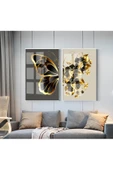 Harikabirev HARİKABİREV|GOLD-SİYAH ÇİÇEKLİ KELEBEK KOMBİNİ |ÇERÇEVELİ CAM TABLO  2Lİ DİKEY thumbnail 1