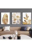 Harikabirev HARİKABİREV|BEYAZ-GOLD YAPRAK-ÇİÇEK KOMBİN 01 |ÇERÇEVELİ CAM TABLO  3LÜ DİKEY thumbnail 1