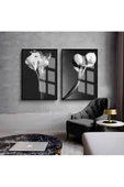 Harikabirev HARİKABİREV|SİYAH-BEYAZ ÇİÇEK OMBİNİ 03 |ÇERÇEVELİ CAM TABLO  2Lİ DİKEY thumbnail 1