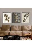 Harikabirev HARİKABİREV|BEJ-GRİ-GOLD TROPİK YAPRAK KOMBİNİ 01 |ÇERÇEVELİ CAM TABLO  3LÜ DİKEY thumbnail 1