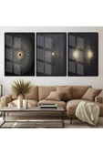 Harikabirev HARİKABİREV|SİYAH-GOLD ETNİK DESEN SOYUT KOMBİN |ÇERÇEVELİ CAM TABLO  3LÜ DİKEY thumbnail 1