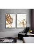 Harikabirev HARİKABİREV|GOLD-BEYAZ YAPRAK ÇİÇEK KOMBİNİ 01 |ÇERÇEVELİ CAM TABLO  2Lİ DİKEY thumbnail 1