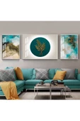 Harikabirev HARİKABİREV|TURKUAZ-GOLD SONSUZLUK ÇİÇEK-SOYUT KOMBİN|ÇERÇEVELİ TEMPERLİ CAM TABLO 3LÜ YATAY thumbnail 1