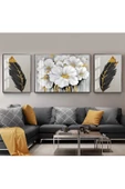 Harikabirev HARİKABİREV|GRİ- GOLD ÇİÇEK-TÜY DESEN  KOMBİNİ 3 |ÇERÇEVELİ TEMPERLİ CAM TABLO 3LÜ YATAY thumbnail 1