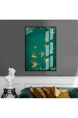 Harikabirev HARİKABİREV|YEŞİL-GOLD ABSTRACT KUŞ DESENLİ MODEL|ÇERÇEVELİ TEMPERLİ CAM TABLO TEKLİ DİKEY thumbnail 1