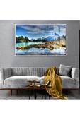 Harikabirev HARİKABİREV|SONBAHAR MANZARALI MAVİ GÖL MANZARASI 02|ÇERÇEVELİ TEMPERLİ CAM TABLO TEKLİ YATAY thumbnail 1