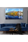 Harikabirev HARİKABİREV|SONBAHAR MANZARALI MAVİ GÖL EVİ MANZARASI 1|ÇERÇEVELİ TEMPERLİ CAM TABLO TEKLİ YATAY thumbnail 1