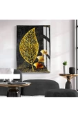 Harikabirev HARİKABİREV|GOLD-SİYAH YAPRAK DESENLİ MODEL 02 |ÇERÇEVELİ TEMPERLİ CAM TABLO TEKLİ DİKEY thumbnail 1