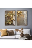 Harikabirev HARİKABİREV|GOLD-BRONZ ÇİÇEK KOMBİNİ |TEMPERLİ ÇERÇEVELİ CAM TABLO  2Lİ DİKEY thumbnail 1