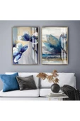 Harikabirev HARİKABİREV|MAVİ-GRİ SOYUT ÇİÇEK KOMBİN|TEMPERLİ ÇERÇEVELİ CAM TABLO  2Lİ DİKEY thumbnail 1
