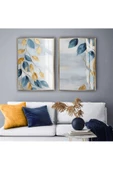 Harikabirev HARİKABİREV|MAVİ-SARI-GRİ YAPRAKLAR KOMBİNİ |TEMPERLİ ÇERÇEVELİ CAM TABLO  2Lİ DİKEY thumbnail 1