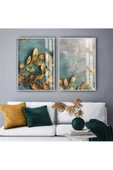 Harikabirev HARİKABİREV|GOLD-YEŞİL YAPRAKLI KOMBİNİ |TEMPERLİ ÇERÇEVELİ CAM TABLO  2Lİ DİKEY thumbnail 1