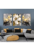 Harikabirev HARİKABİREV|GRİ-GOLD SOFT SOYUT ÇİÇEK KOMBİNİ |ÇERÇEVELİ CAM TABLO  3LÜ DİKEY thumbnail 1