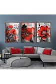 Harikabirev HARİKABİREV|KIRMIZI-GRİ ÇİÇEK MANZARA KOMBİNİ |ÇERÇEVELİ CAM TABLO  3LÜ DİKEY thumbnail 1