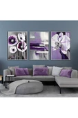 Harikabirev HARİKABİREV|MOR-GRİ SOYUT ÇİÇEK KOMBİNİ III |ÇERÇEVELİ CAM TABLO  3LÜ DİKEY thumbnail 1