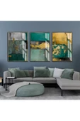 Harikabirev HARİKABİREV|ZÜMRÜT YEŞİL GOLD RENK ABSTRACT ART |ÇERÇEVELİ CAM TABLO  3LÜ DİKEY - 1