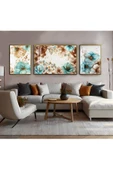 Harikabirev HARİKABİREV|SU YEŞİLİ-KAHVEERENGİ ÇİÇEK KOMBİNİ|ÇERÇEVELİ TEMPERLİ CAM TABLO 3LÜ YATAY thumbnail 1