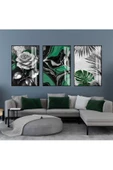 Harikabirev HARİKABİREV|YEŞİL-GRİ SOYUT YAPRAKLI GÜL KOMBİNİ|ÇERÇEVELİ CAM TABLO  3LÜ DİKEY thumbnail 1