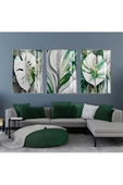 Harikabirev HARİKABİREV|YEŞİL-BEYAZ-GRİ YAPRAKLAR KOMBİNİ II |ÇERÇEVELİ CAM TABLO  3LÜ DİKEY thumbnail 1
