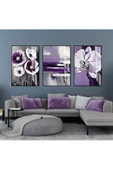 Harikabirev HARİKABİREV|MOR-GRİ SOYUT ÇİÇEK KOMBİNİ III |ÇERÇEVELİ CAM TABLO  3LÜ DİKEY thumbnail 1