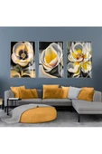 Harikabirev HARİKABİREV|SARI-GRİ ÇİÇEK KOMBİNİ II |ÇERÇEVELİ CAM TABLO  3LÜ DİKEY thumbnail 1