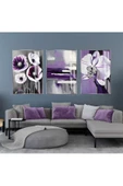 Harikabirev HARİKABİREV|MOR-GRİ SOYUT ÇİÇEK KOMBİNİ III |ÇERÇEVELİ CAM TABLO 3LÜ DİKEY - 1