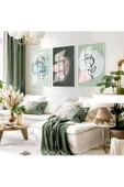 Harikabirev HARİKABİREV|YEŞİL TONLAR MİNİMALİST GÜL ÇİZİMLİ SET|ÇERÇEVELİ CAM TABLO 3LÜ DİKEY thumbnail 1