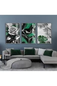 Harikabirev HARİKABİREV|YEŞİL-GRİ SOYUT YAPRAKLI GÜL KOMBİNİ|ÇERÇEVELİ CAM TABLO  3LÜ DİKEY thumbnail 1