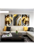 Harikabirev HARİKABİREV|BEYAZ-SİYAH-GOLD SOYUT YAPRAK  SETİ 1  |ÇERÇEVELİ CAM TABLO 3LÜ DİKEY thumbnail 1
