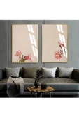 Harikabirev HARİKABİREV|BEJ-PEMBE ÇİÇEK SOYUT KOMBİNİ YENİ|ÇERÇEVELİ CAM TABLO  2Lİ DİKEY - 1