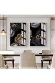 Harikabirev HARİKABİREV|SİYAH-GOLD RENK SOYUT ÇİÇEK  KOMBİNİ YENİ |ÇERÇEVELİ CAM TABLO  2Lİ DİKEY thumbnail 1