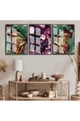 Harikabirev HARİKABİREV|RENGARENK KELEBEK KANATLARI ÇİÇEK KOMBİNİ |ÇERÇEVELİ TEMPERLİ CAM TABLO 3LÜ DİKEY thumbnail 1