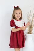 Kız Çocuk Bordo Ruby Fırfırlı Dantel Detaylı Kısa Kollu Elbise Bandana Takım ELB-0070.6 thumbnail 1