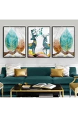Harikabirev |turkuaz-gold En Şık Çiçek-geyik Kombini |çerçeveli Temperli Cam Tablo 3lü Dikey thumbnail 1