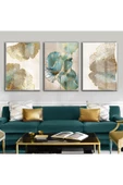 Harikabirev | Turkuaz-gold Sonsuzluk Çiçeği Kombini 2|çerçeveli Temperli Cam Tablo 3lü Dikey thumbnail 1