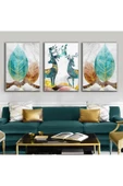 Harikabirev |turkuaz-gold En Şık Çiçek-geyik Kombini |çerçeveli Temperli Cam Tablo 3lü Dikey thumbnail 1