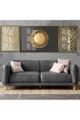 Harikabirev |antrasit Gri-gold Kombini Yuvarlak Soyut Kombini|çerçeveli Temperli Cam Tablo 3lü Yatay thumbnail 1