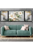 Harikabirev |su Yeşili-gold Kombini Çiçek Ve Soyut Kombini|çerçeveli Temperli Cam Tablo 3lü Yatay thumbnail 1